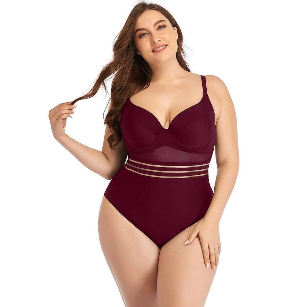 ezy2find Women's Bathers Red / 2XL Large Size Swimsuit Women's One-Piece Plus Fat Mesh Hollow Plain Color