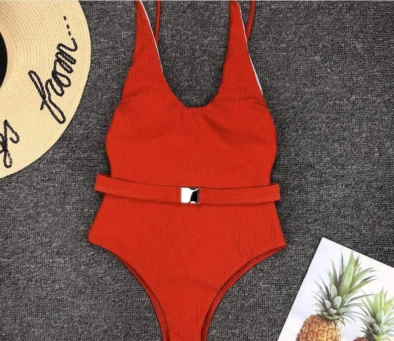 ezy2find Women's Bathers Red / S Women'S One-Piece Swimsuit European And American Solid Color Special Fabric Belt Buckle One-Piece Bikini