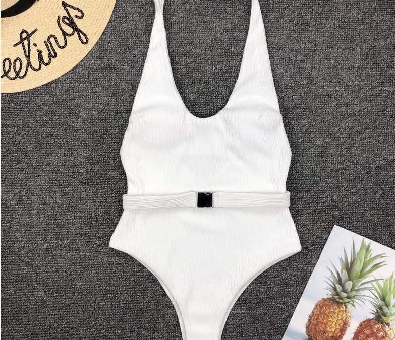 ezy2find Women's Bathers White / S Women'S One-Piece Swimsuit European And American Solid Color Special Fabric Belt Buckle One-Piece Bikini