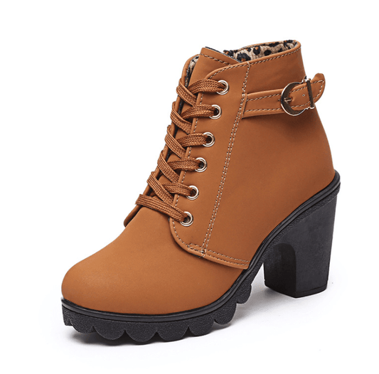 ezy2find women's boots Dark brown / 37 Cuculus New Spring Winter Women Boots High Quality Solid Lace-up European Ladies shoes PU Fashion high heels Boots 656