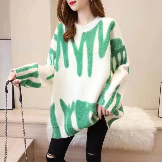 ezy2find women's coat S / Brazil / Green and white Spring and Autumn Period  The New Easing Show Thin Female Tie-Dye Knit Female Printed Sweaters свитер