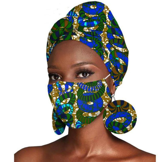 ezy2find women's hats A Covid Ladies fashion statement Women's Featured Three-Piece Set Of Cotton Batik Print Headscarf Earrings
