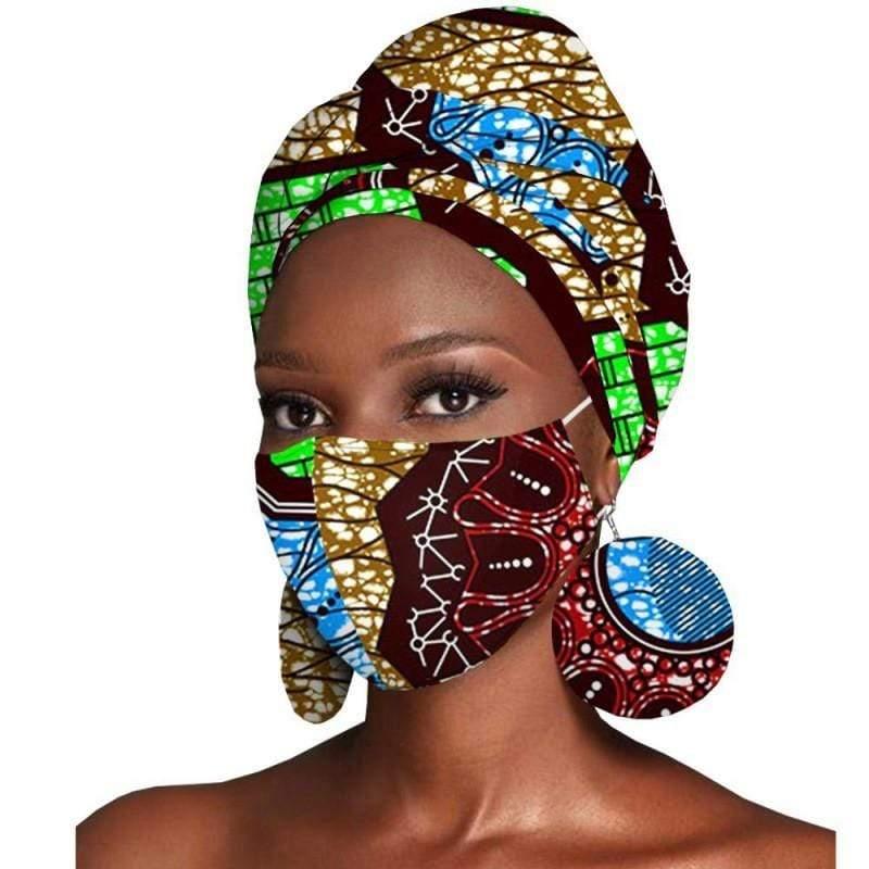 ezy2find women's hats J Covid Ladies fashion statement Women's Featured Three-Piece Set Of Cotton Batik Print Headscarf Earrings