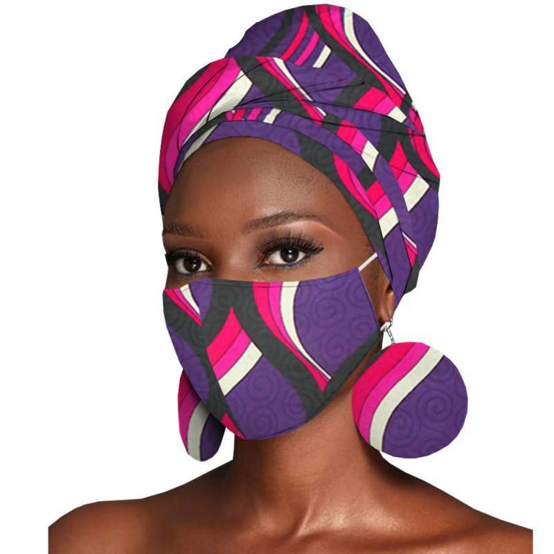 ezy2find women's hats L Covid Ladies fashion statement Women's Featured Three-Piece Set Of Cotton Batik Print Headscarf Earrings