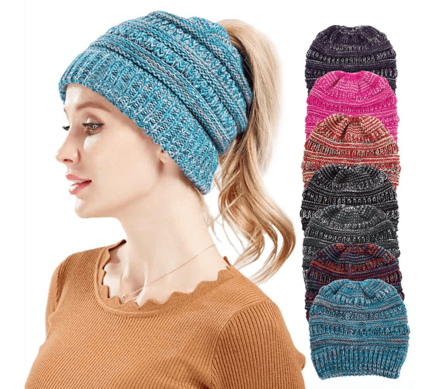 ezy2find women's hats Mixed Color Knitted Wool Hat Ladies Non-labeled Ponytail Hat