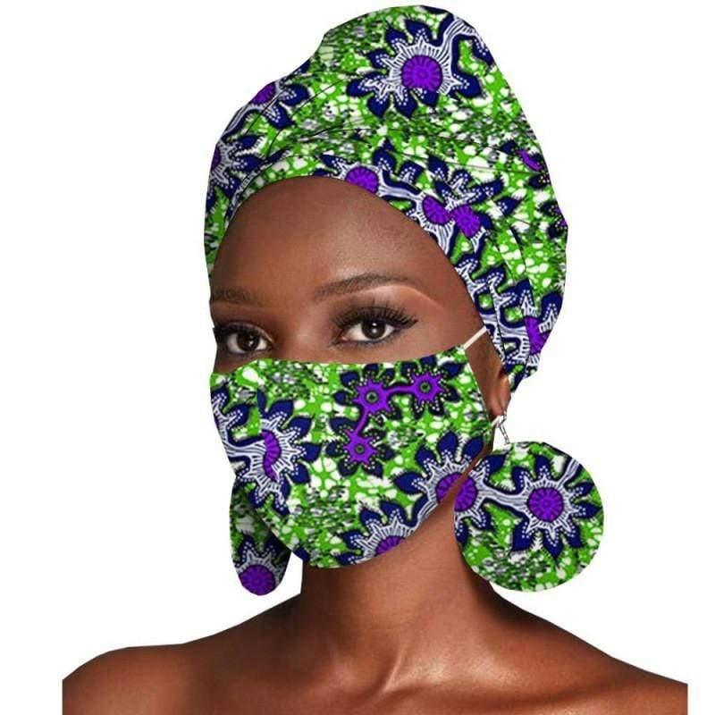 ezy2find women's hats O Ladies fashion statement Women's Featured Three-Piece Set Of Cotton Batik Print Headscarf Earrings