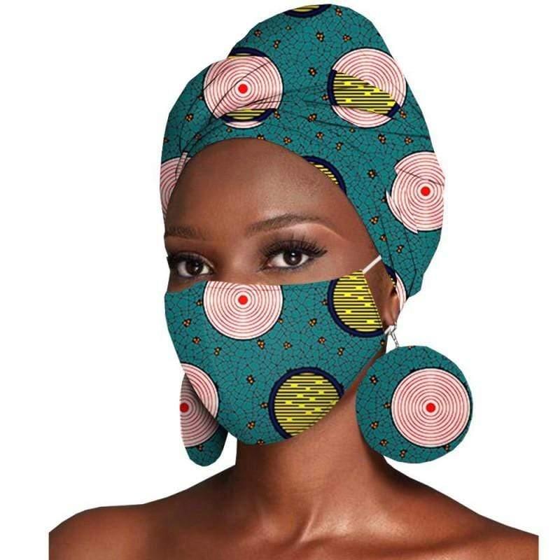 ezy2find women's hats V Women's Featured Three-Piece Set Of Cotton Batik Print Headscarf Earrings