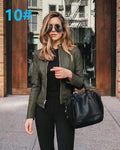 ezy2find women's jacket 10 Army Green 6036 / XXL Ladies pu leather jacket solid color zipper self-cultivation lapel punk short motorcycle jacket2021spring and autumn fashion new