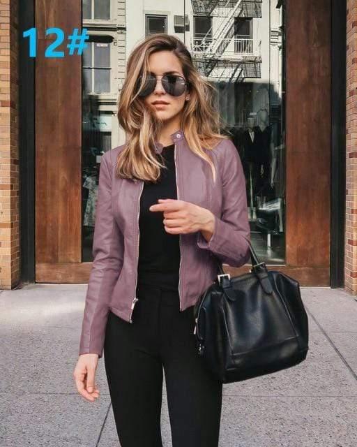 ezy2find women's jacket 12 Light purple 6036 / XXL Ladies pu leather jacket solid color zipper self-cultivation lapel punk short motorcycle jacket2021spring and autumn fashion new