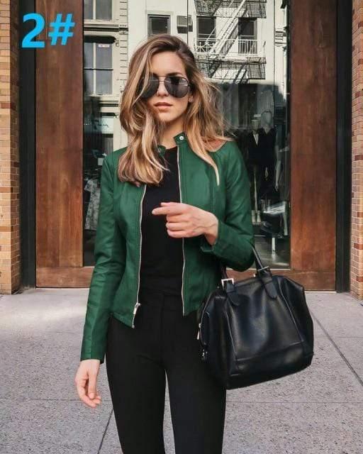 ezy2find women's jacket 2 green 6036 / XXL Ladies pu leather jacket solid color zipper self-cultivation lapel punk short motorcycle jacket2021spring and autumn fashion new