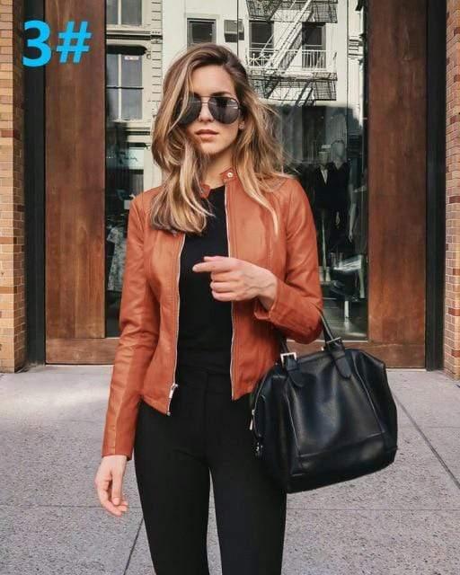 ezy2find women's jacket 3 Orange 6036 / XL Ladies pu leather jacket solid color zipper self-cultivation lapel punk short motorcycle jacket2021spring and autumn fashion new