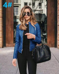 ezy2find women's jacket 4 Blue 6036 / L Ladies pu leather jacket solid color zipper self-cultivation lapel punk short motorcycle jacket2021spring and autumn fashion new