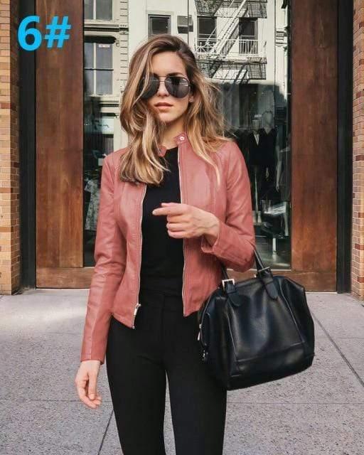ezy2find women's jacket 6 Pink 6036 / XXL Ladies pu leather jacket solid color zipper self-cultivation lapel punk short motorcycle jacket2021spring and autumn fashion new