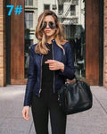 ezy2find women's jacket 7 Navy   6036 / XL Ladies pu leather jacket solid color zipper self-cultivation lapel punk short motorcycle jacket2021spring and autumn fashion new