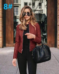 ezy2find women's jacket 8 Red wine   6036 / XXL Ladies pu leather jacket solid color zipper self-cultivation lapel punk short motorcycle jacket2021spring and autumn fashion new