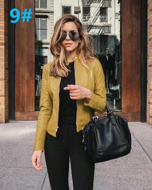 ezy2find women's jacket 9 Yellow 6036 / XL Ladies pu leather jacket solid color zipper self-cultivation lapel punk short motorcycle jacket2021spring and autumn fashion new