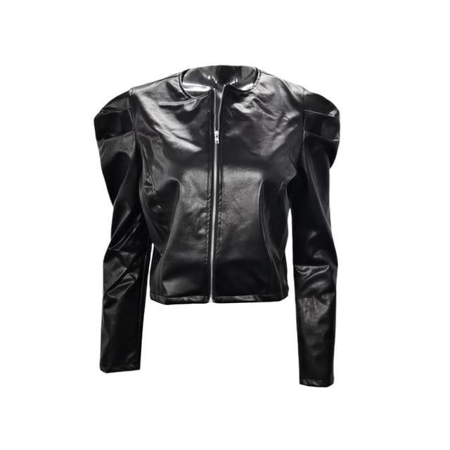 ezy2find women's jacket black 20281 / L Ladies pu leather jacket solid color zipper self-cultivation lapel punk short motorcycle jacket2021spring and autumn fashion new