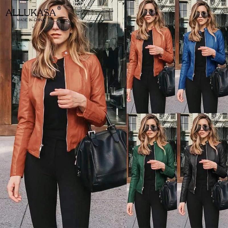 ezy2find women's jacket Ladies pu leather jacket solid color zipper self-cultivation lapel punk short motorcycle jacket2021spring and autumn fashion new