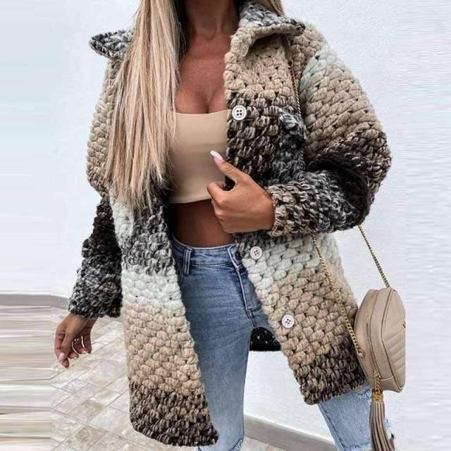 ezy2find Women's Jackets Khaki / XXL VIEUNSTA 2021 New Autumn Winter Fashion Printing Women's Woolen Cloth Coat Elegant Lapel Hollow Out Buttons Sweater Street Style