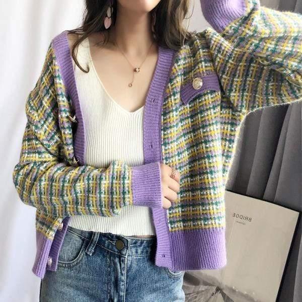 ezy2find Women's Jumpers Purple / S Short Plaid Small Fragrant Style Sweater