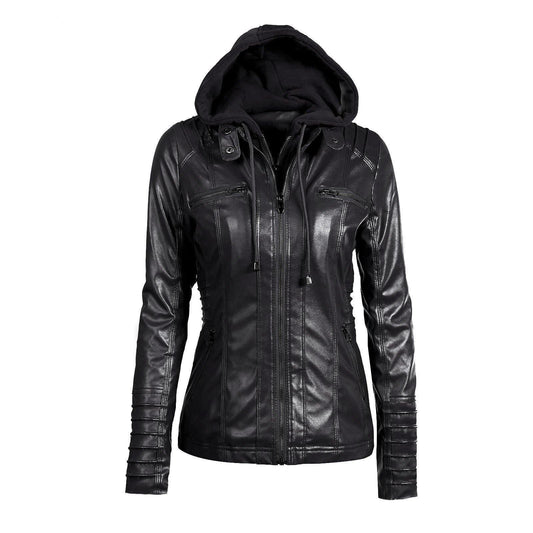 ezy2find women's leather jackets Black / M Hooded Faux Leather Jacket Slim Motorcycle Hat Detachable Plus Size 5xl Pu Leather Coat