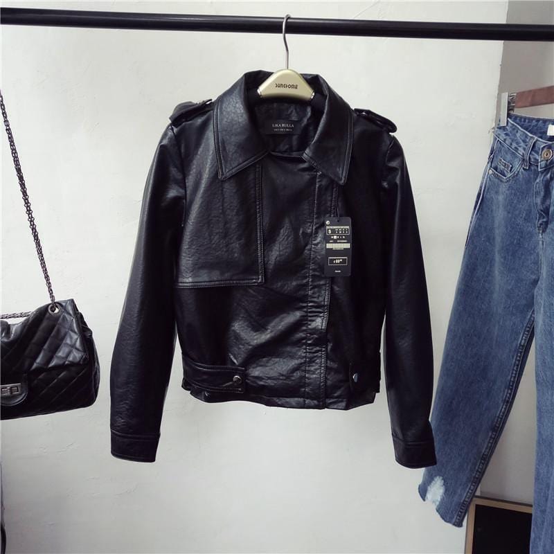 ezy2find women's leather jackets Black / M Spring new slim lapel short PU female jacket jacket leather