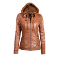 ezy2find women's leather jackets Brown / XXL Hooded Faux Leather Jacket Slim Motorcycle Hat Detachable Plus Size 5xl Pu Leather Coat