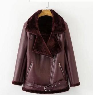 ezy2find women's leather jackets Burgundy / M New Winter Fashion High Quality Artificial Fur Zipper Coat Pockets Warm Couples Sashes Leather Jackets Woman