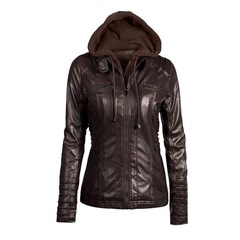 ezy2find women's leather jackets Coffee / 5XL Hooded Faux Leather Jacket Slim Motorcycle Hat Detachable Plus Size 5xl Pu Leather Coat