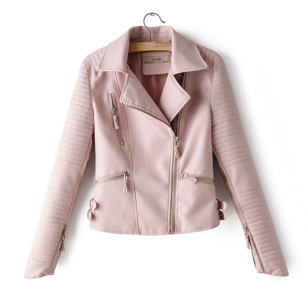 ezy2find women's leather jackets Pink / S Irregular cuff motorcycle leather jacket