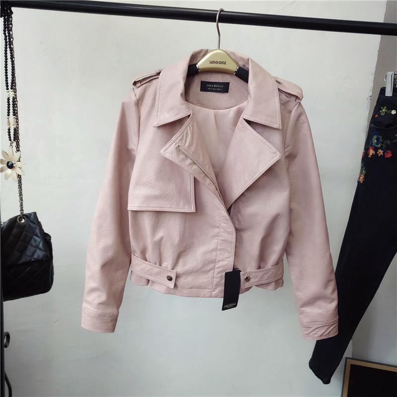 ezy2find women's leather jackets Pink / S Spring new slim lapel short PU female jacket jacket leather