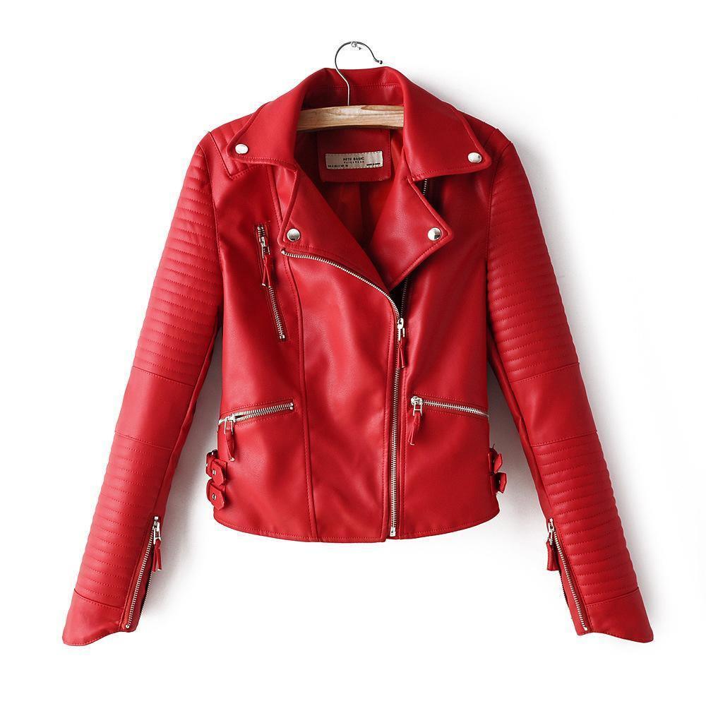 ezy2find women's leather jackets Red / L Irregular cuff motorcycle leather jacket