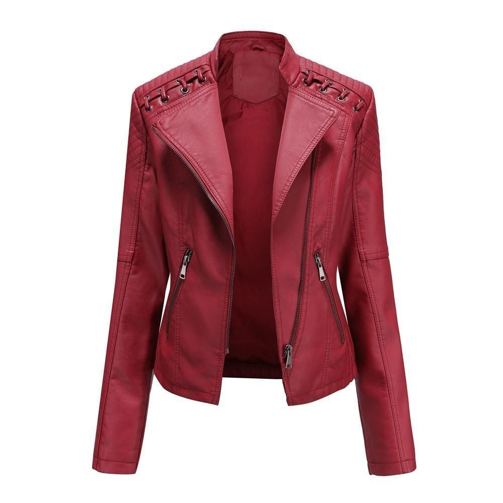 ezy2find women's leather jackets Red / S Spring and Autumn Leather Thin Ladies Motorcycle Suit