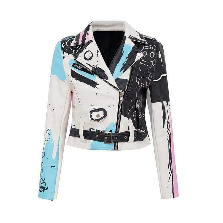 ezy2find women's leather jackets White / M Personalized Graffiti Print Rivet Motorcycle Leather Jacket