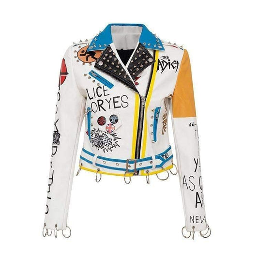 ezy2find women's leather jackets White / XL Personalized Graffiti Print Motorcycle Leather Jacket
