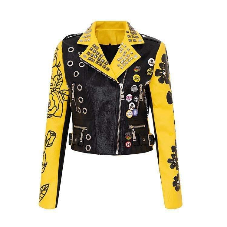 ezy2find women's leather jackets Yellow / L Personalized Graffiti Print Motorcycle Leather Jacket