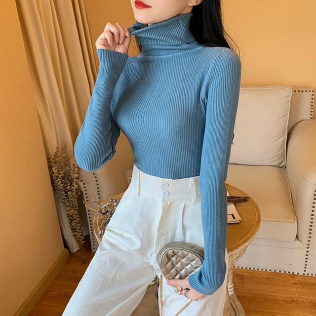 ezy2find women's pullover L / United States / blue-31 2021 Autumn Women Long sleeve Knitted fold over Turtleneck Ribbed Pull Sweater Soft Warm Femme Jumper Pullover Clothes