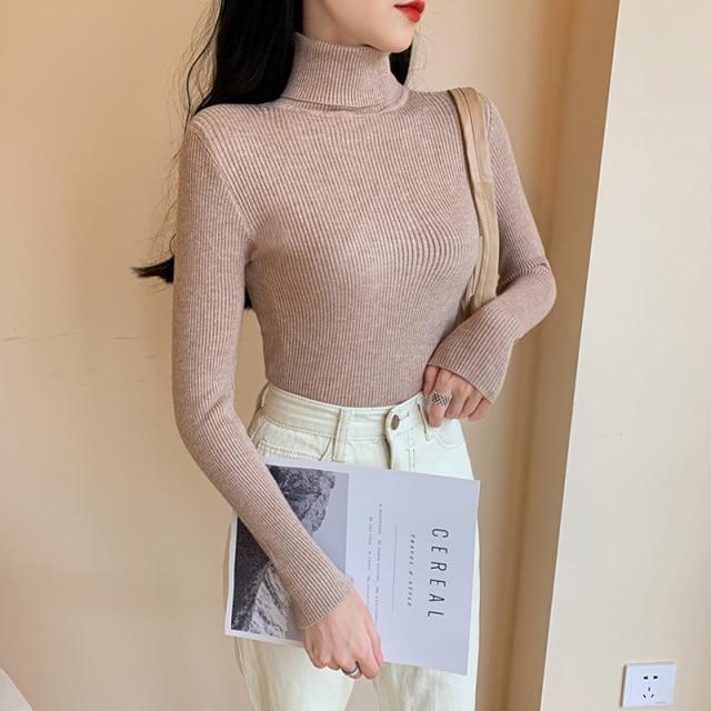 ezy2find women's pullover L / United States / light khaki-311 2021 Autumn Women Long sleeve Knitted fold over Turtleneck Ribbed Pull Sweater Soft Warm Femme Jumper Pullover Clothes