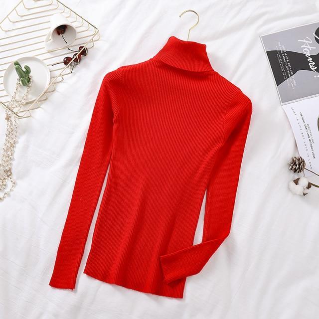 ezy2find women's pullover L / United States / Light red-31 2021 Autumn Women Long sleeve Knitted fold over Turtleneck Ribbed Pull Sweater Soft Warm Femme Jumper Pullover Clothes