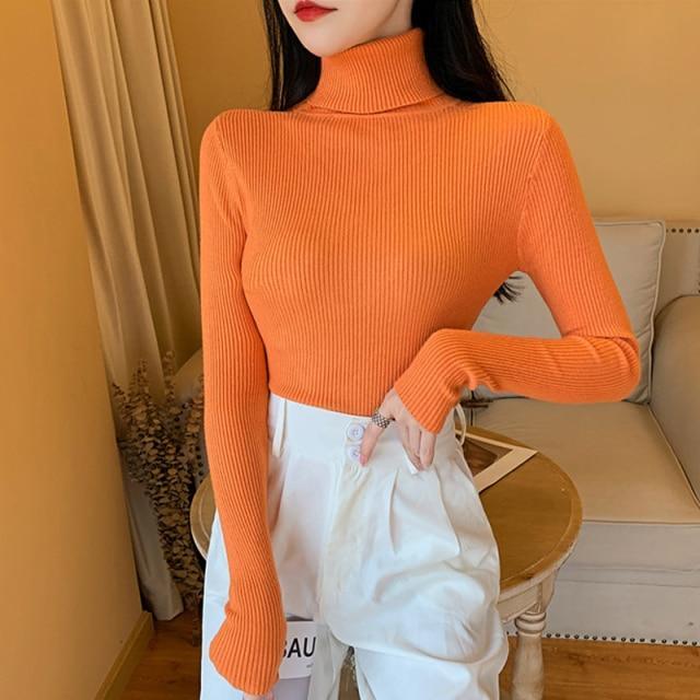 ezy2find women's pullover L / United States / orange-31 2021 Autumn Women Long sleeve Knitted fold over Turtleneck Ribbed Pull Sweater Soft Warm Femme Jumper Pullover Clothes