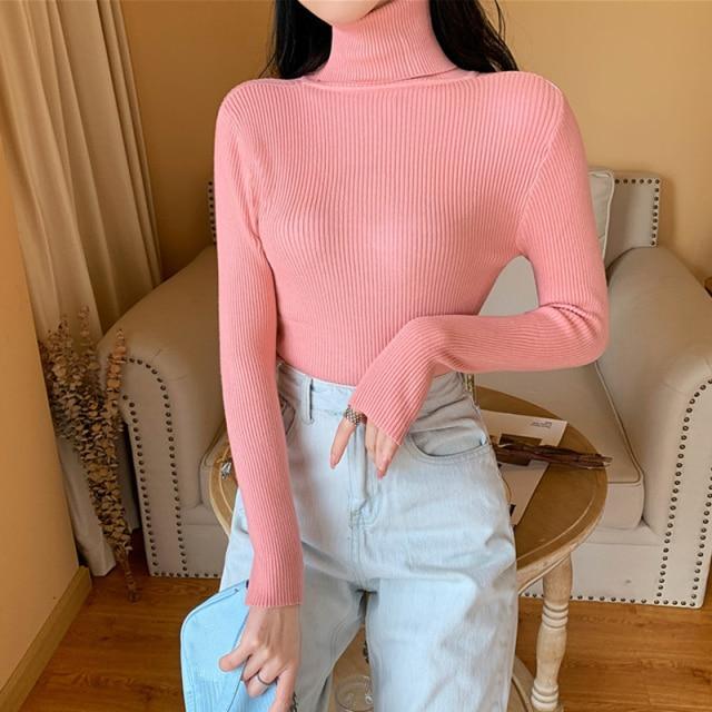 ezy2find women's pullover L / United States / pink-31 2021 Autumn Women Long sleeve Knitted fold over Turtleneck Ribbed Pull Sweater Soft Warm Femme Jumper Pullover Clothes