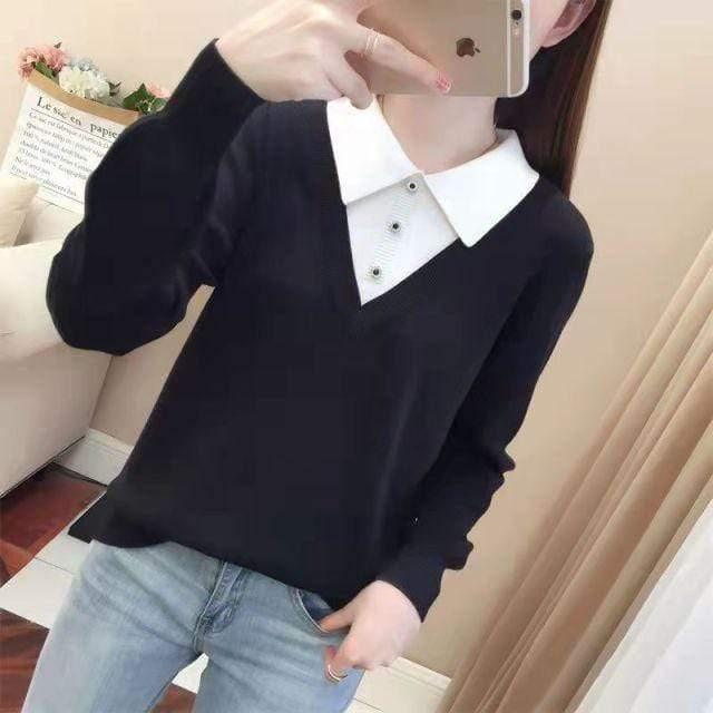 ezy2find women's pullover One Size / Black TuangBiang Fake Two-Piece Polo Collar Knitted Tops Women 2021 Autumn Winter Patchwork Pullovers Female Mercerized Cotton Jumpers