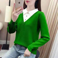ezy2find women's pullover One Size / Green TuangBiang Fake Two-Piece Polo Collar Knitted Tops Women 2021 Autumn Winter Patchwork Pullovers Female Mercerized Cotton Jumpers
