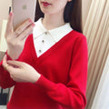 ezy2find women's pullover One Size / Red TuangBiang Fake Two-Piece Polo Collar Knitted Tops Women 2021 Autumn Winter Patchwork Pullovers Female Mercerized Cotton Jumpers