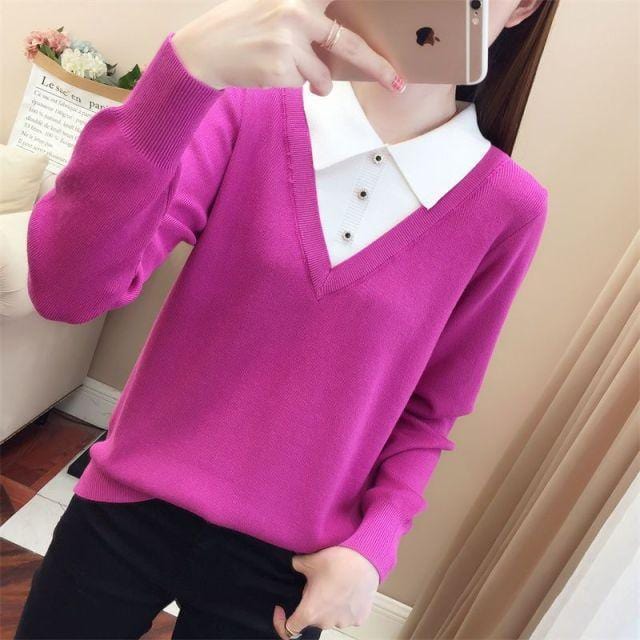 ezy2find women's pullover One Size / Rose Red TuangBiang Fake Two-Piece Polo Collar Knitted Tops Women 2021 Autumn Winter Patchwork Pullovers Female Mercerized Cotton Jumpers