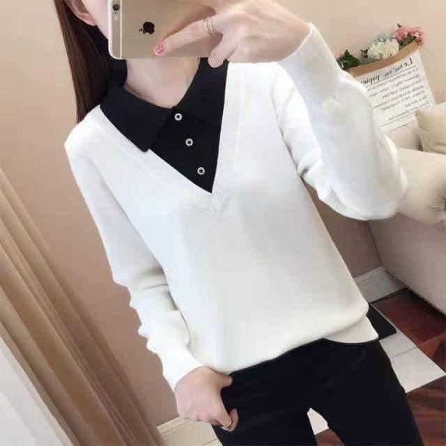 ezy2find women's pullover One Size / White TuangBiang Fake Two-Piece Polo Collar Knitted Tops Women 2021 Autumn Winter Patchwork Pullovers Female Mercerized Cotton Jumpers