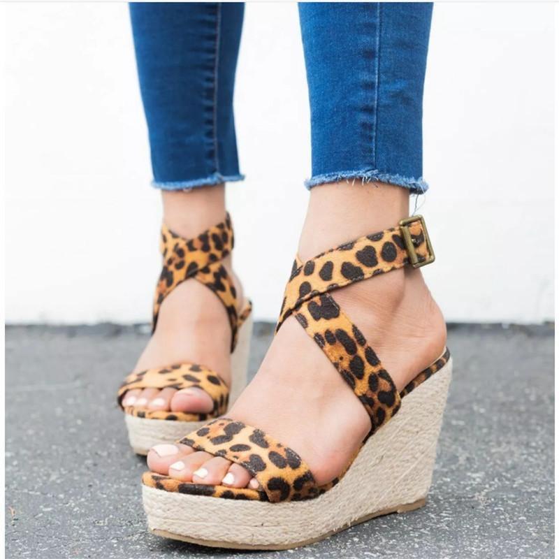 ezy2find women's sandals 41 / Leopard 2020 summer Europe and the United States new AliExpress wish rope woven leopard wedge sandals female large size spot