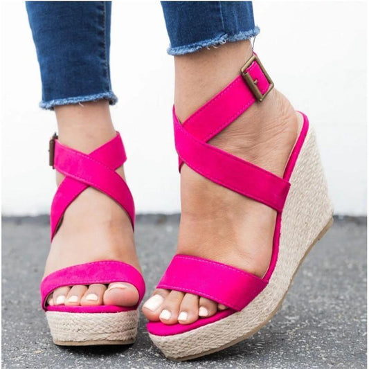 ezy2find women's sandals 41 / Rose red 2020 summer Europe and the United States new AliExpress wish rope woven leopard wedge sandals female large size spot