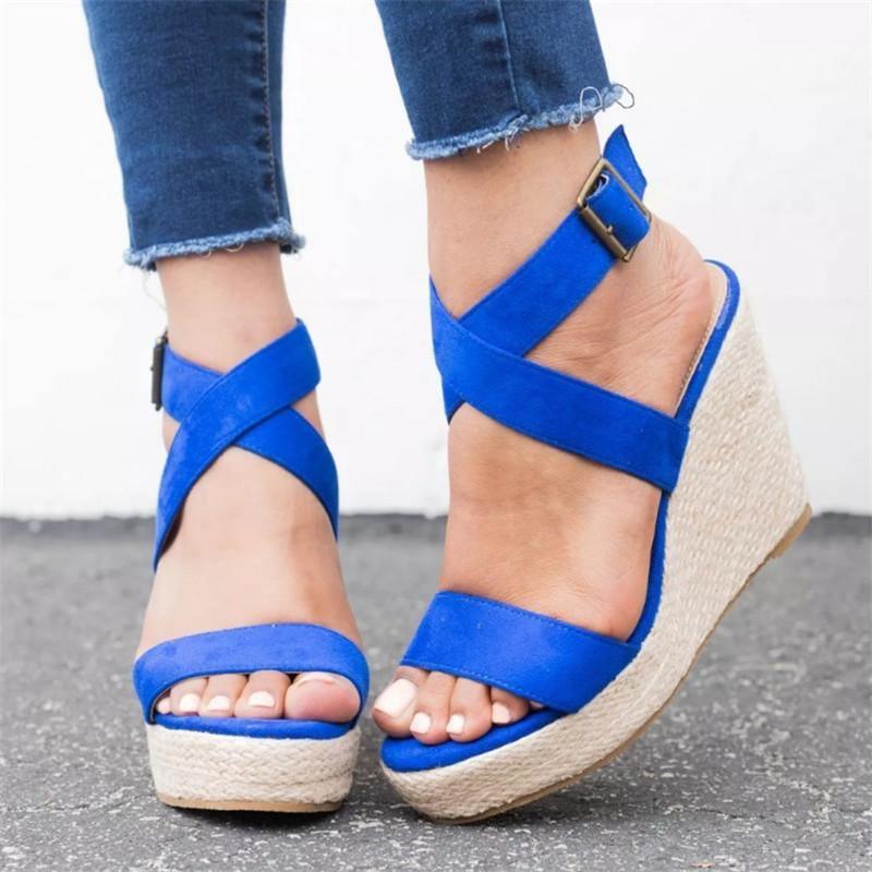 ezy2find women's sandals 43 / Blue 2020 summer Europe and the United States new AliExpress wish rope woven leopard wedge sandals female large size spot