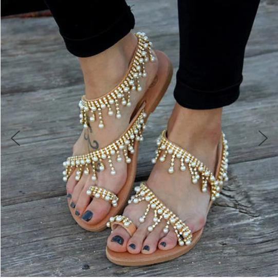 ezy2find women's sandals Brown / 37 Women sandals 2020 new summer shoes flat pearl sandals comfortable string bead slippers women casual sandals size 34 - 43
